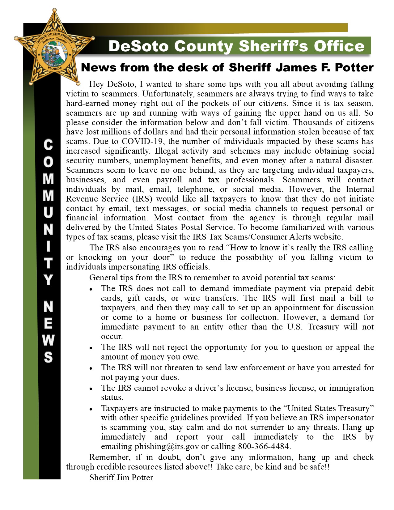 News from the desk of Sheriff James F. Potter